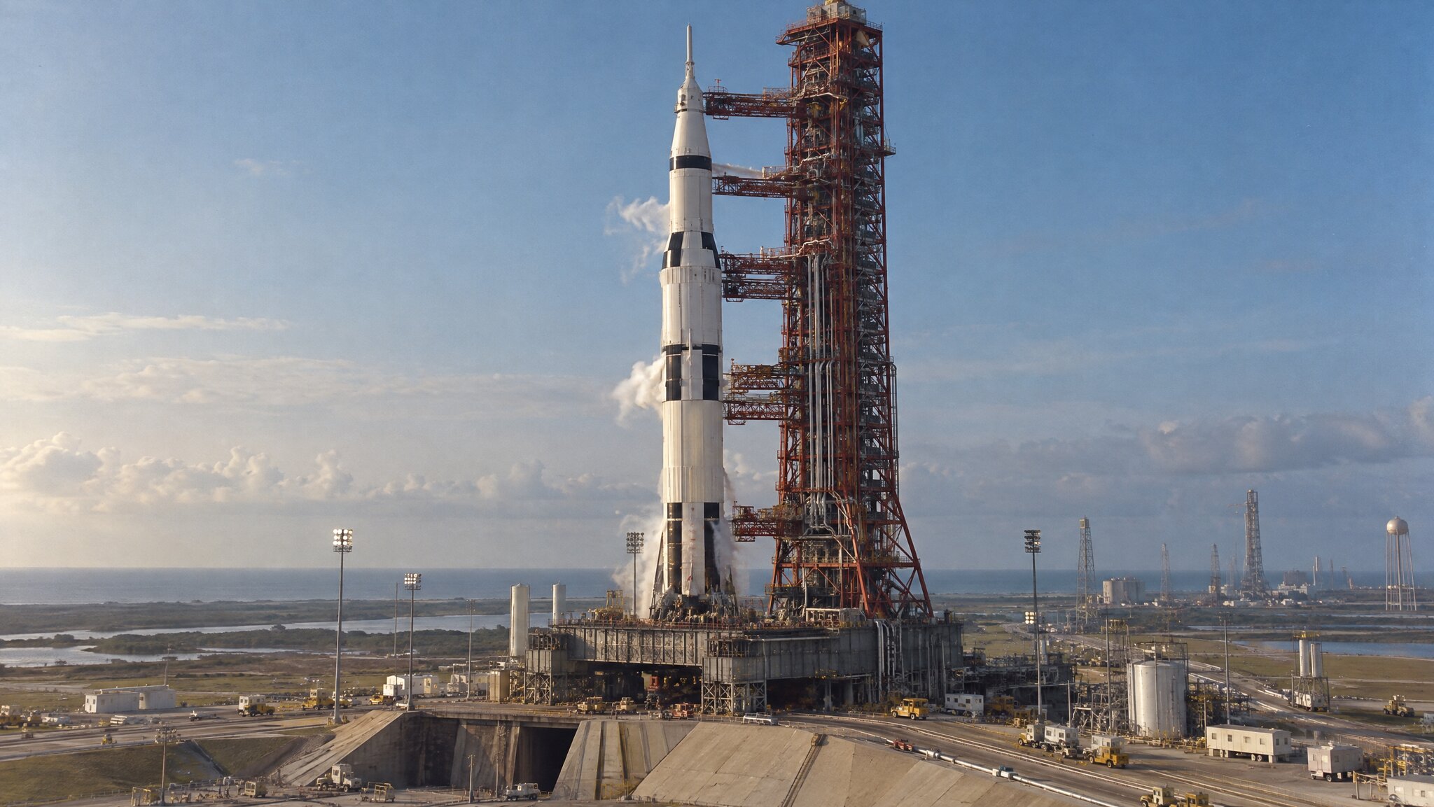 A tall white and black launch vehicle venting vapor beside a red steel tower at a coastal launch complex in early morning light