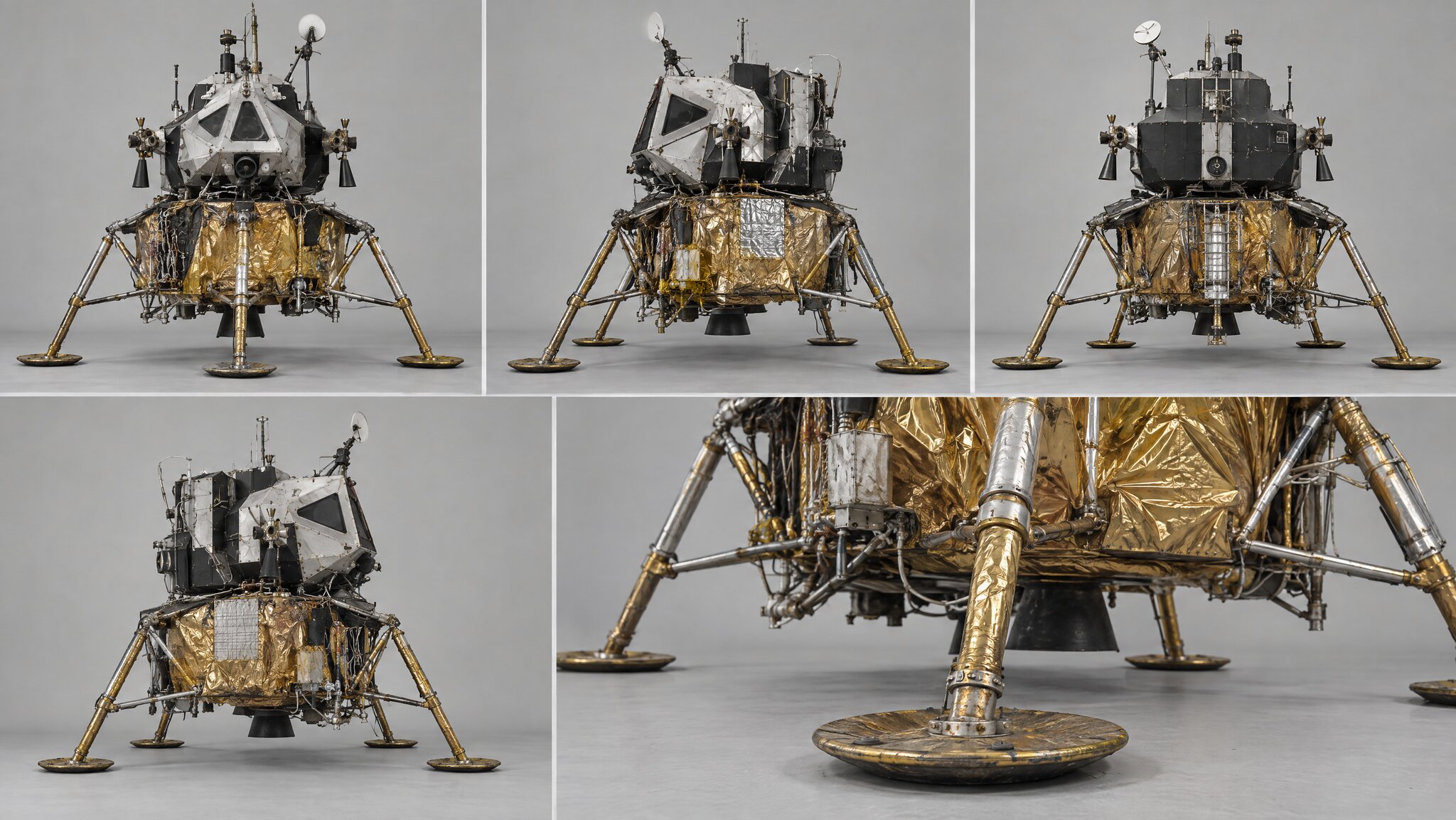 Five-view reference sheet of a gold-foil lunar module on four landing legs, with a close-up of a landing pad