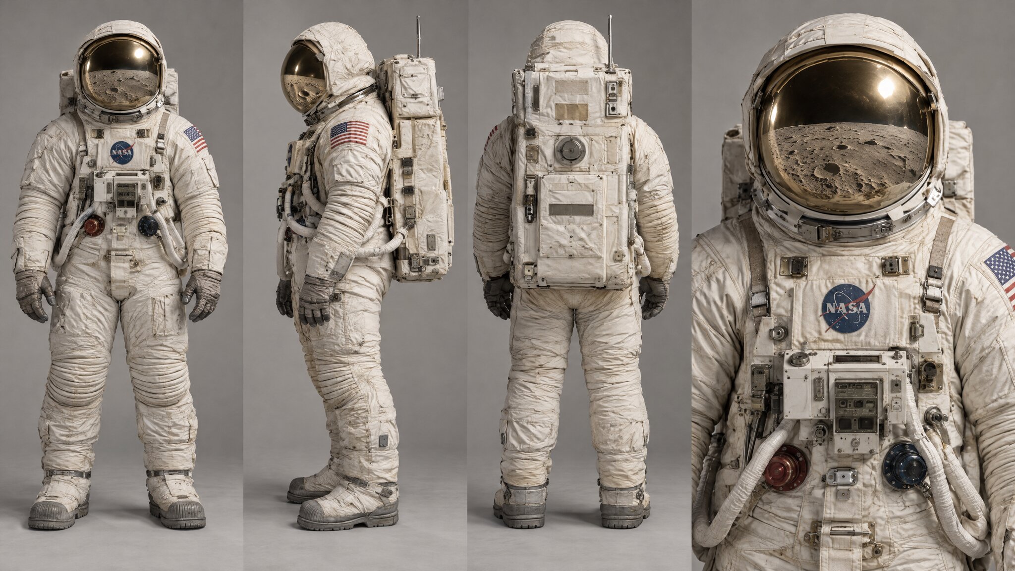 Four-view reference sheet of a bulky off-white late-1960s lunar pressure suit with a gold visor reflecting the lunar surface, shown from the front, side, and back plus a chest close-up