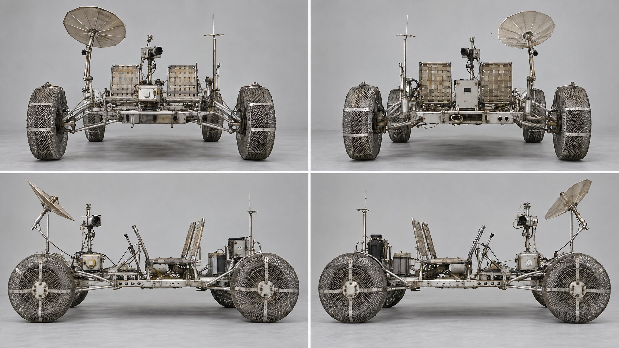 Four-view reference sheet of an open-frame lunar rover with wire-mesh wheels, two woven seats, and a dish antenna