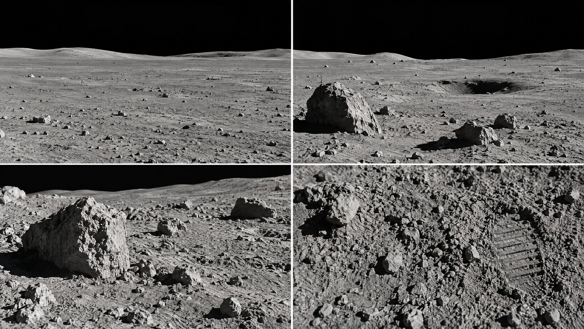 Four views of a grey lunar landscape under a black sky, from a wide plain down to a close-up of a boot print in the dust