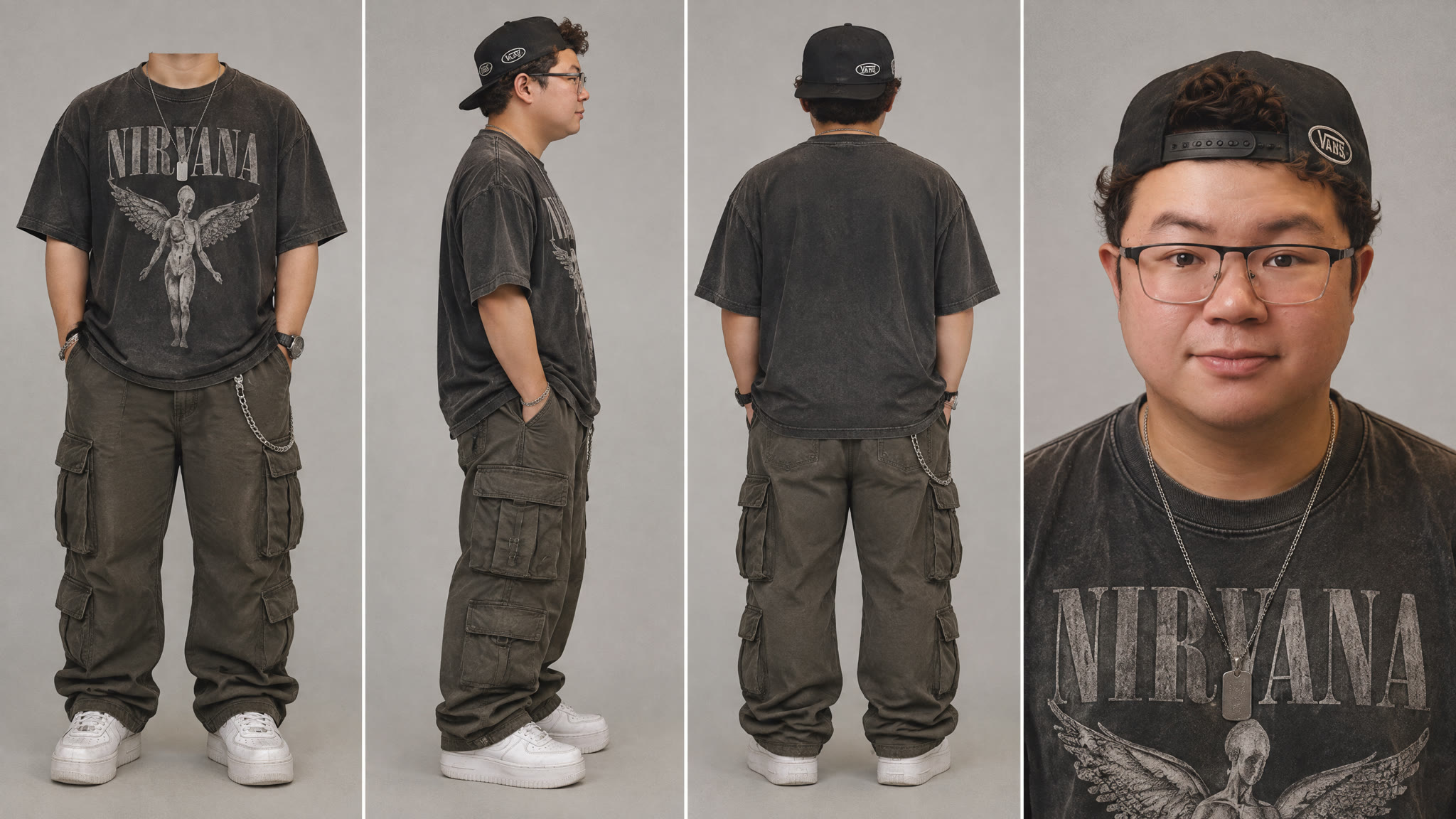 Four-panel early-2000s element sheet with a headless front view, side profile, back view, and close-up of a young man in a band tee, cargo pants, and a backwards snapback