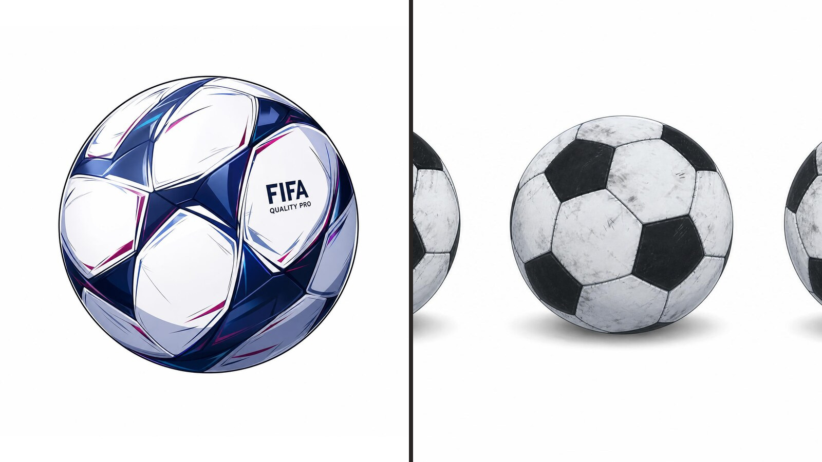 The clean match ball and worn childhood ball prepared as separate recurring prop references.