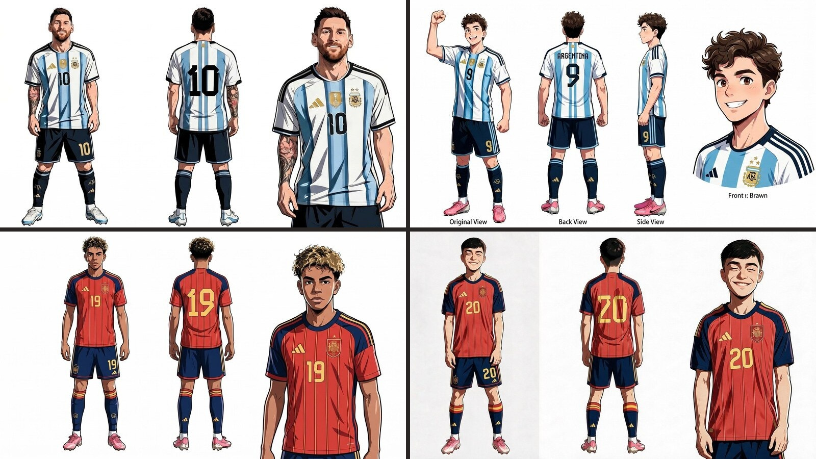 The four finished character element sheets used to keep Messi, Álvarez, Yamal, and Pedri consistent across the anime.