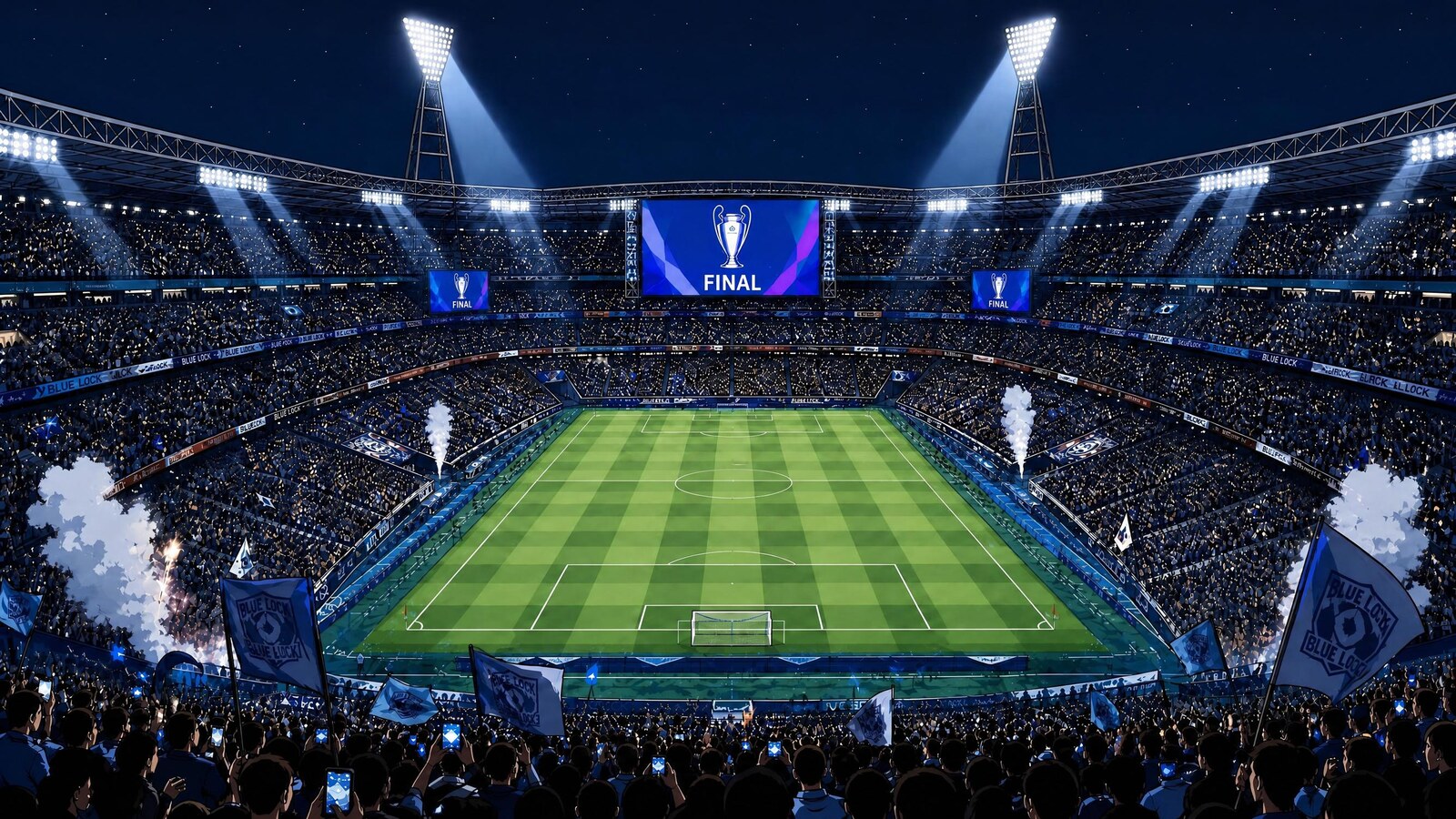 The wide stadium reference used to anchor the pitch, lighting, crowd, and architecture across different camera angles.