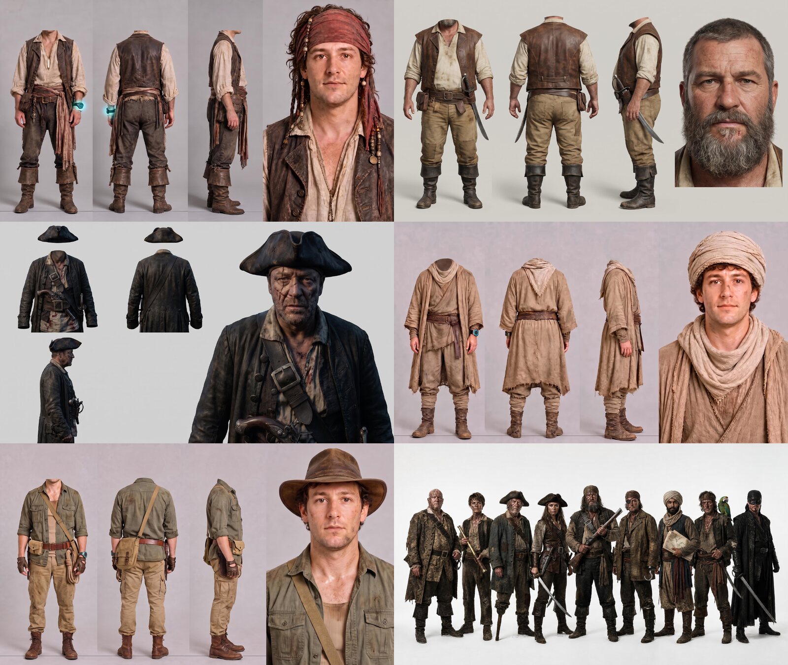 The character reference kit for the pirate captain, first mate, enemy captain, desert wanderer, jungle explorer, and pirate crew.