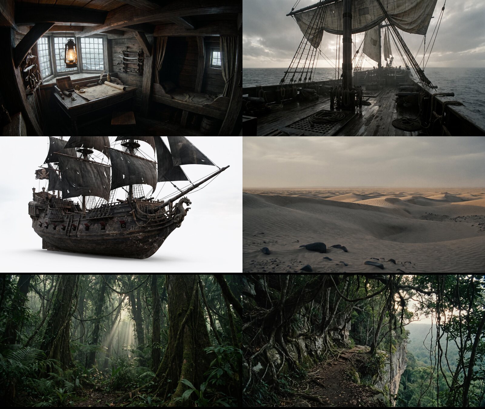 The finished cabin, ship deck, enemy galleon, desert, jungle, and cliff references used to keep the film's locations consistent.