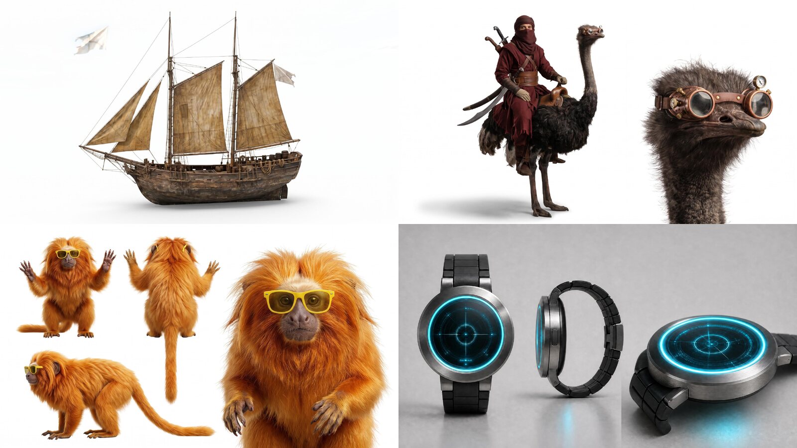 Reference images for the hero's ship, ostrich-mounted bandits, jungle monkeys, and glowing watch.