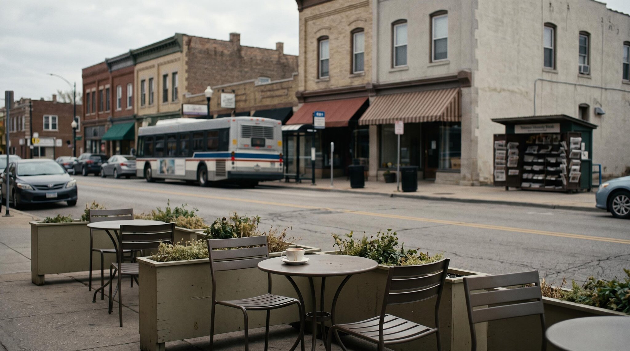 An empty outdoor café terrace with round metal tables, a bus at the curb, and a newspaper stand across a small-town street on an overcast afternoon