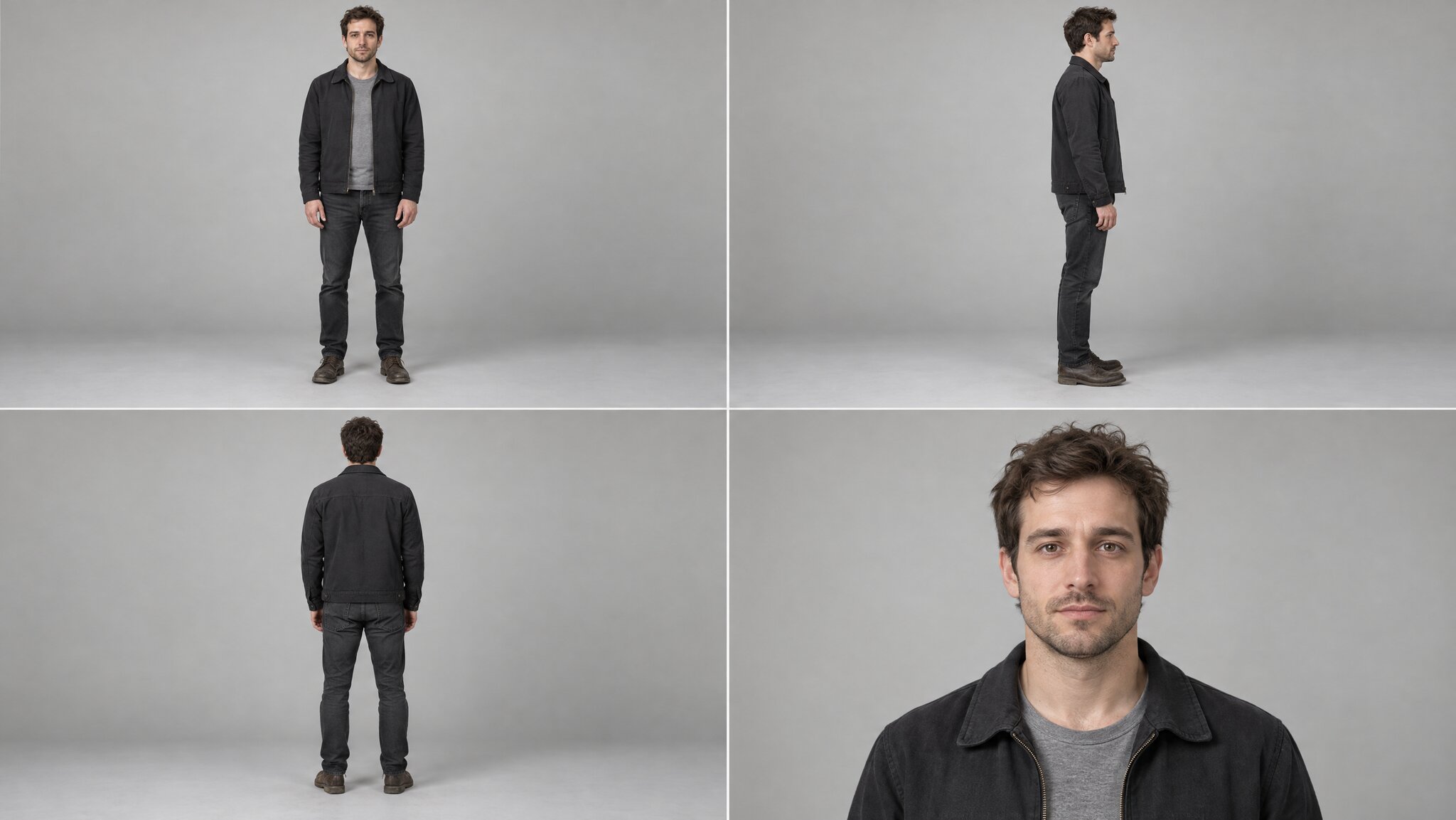 Four-view character sheet of Daniel, a man in his thirties with tousled dark hair and stubble, wearing a charcoal zip jacket, gray tee, and dark jeans