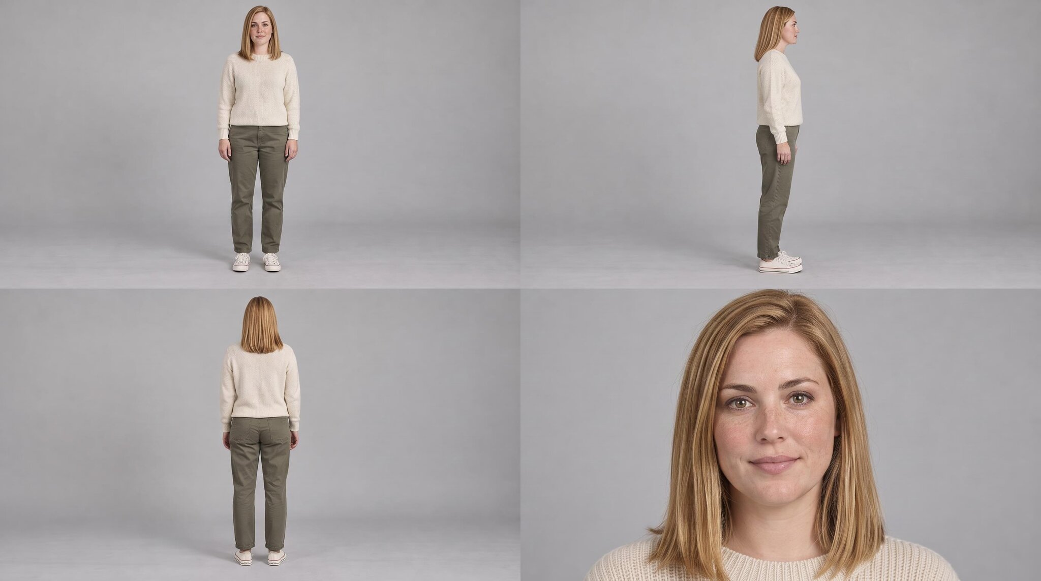 Four-view character sheet of Emma, a woman with straight shoulder-length blonde hair, wearing a cream knitted sweater and olive trousers