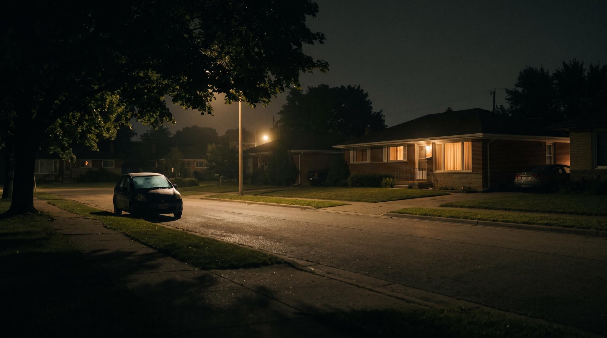 A quiet suburban street at night with a single-story house glowing warm behind its curtains and a small dark car parked under a tree across the street