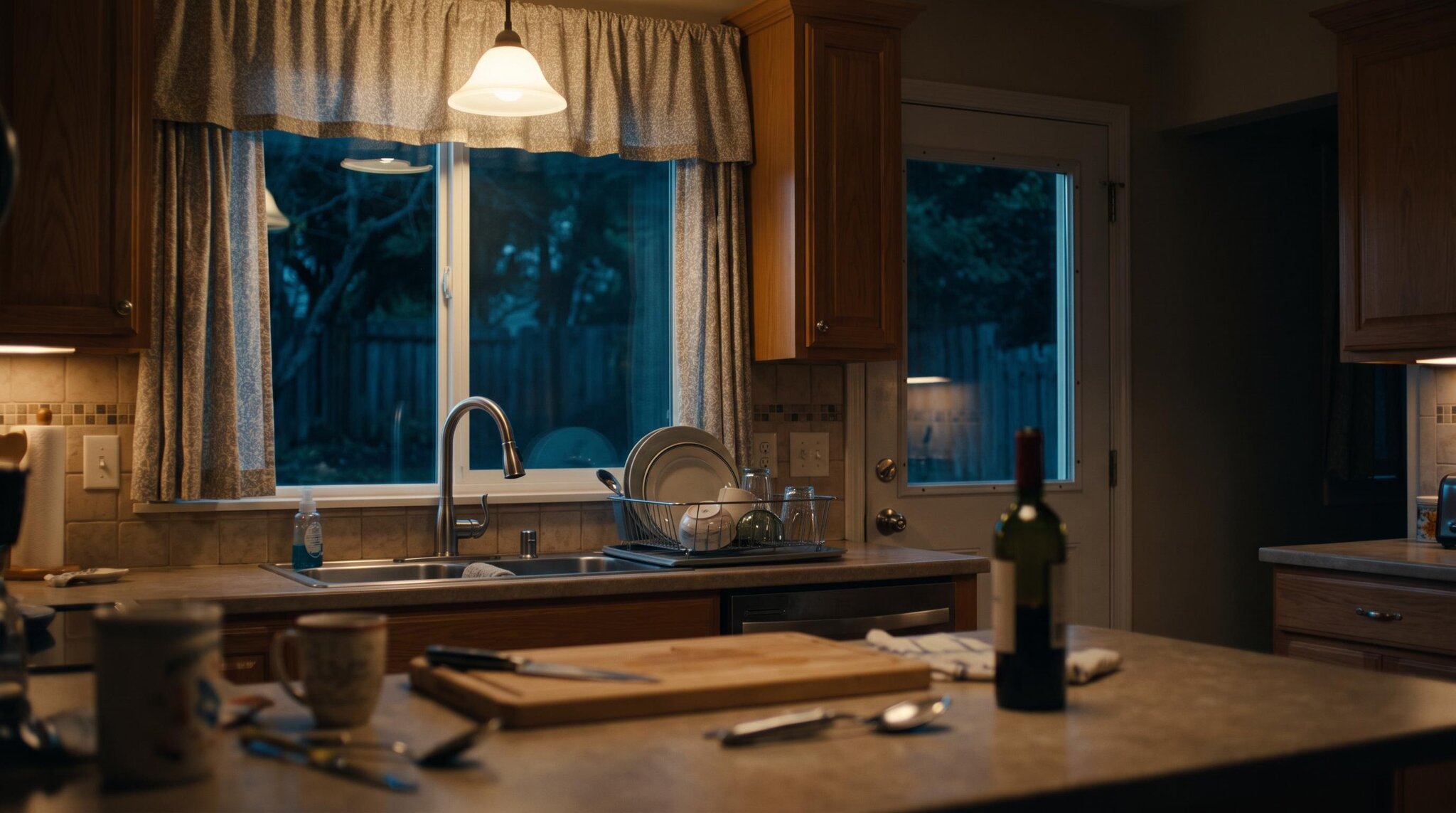 A warm kitchen at night framed toward the sink window, with a cutting board and wine bottle on the counter and a dark backyard beyond the glass