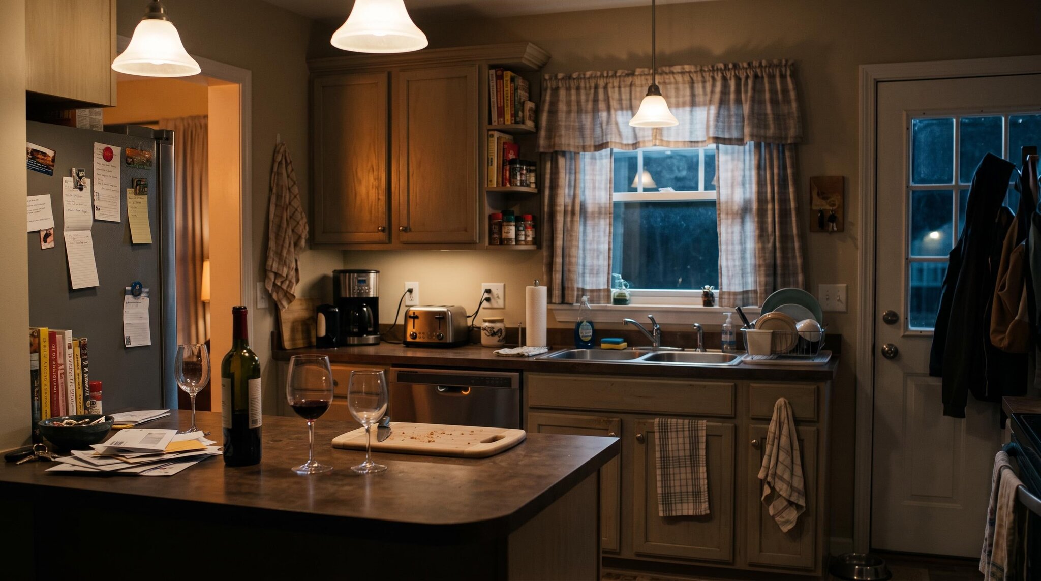 A lived-in suburban kitchen at night with warm pendant lights over a counter, a wine bottle and glasses, and a curtained sink window
