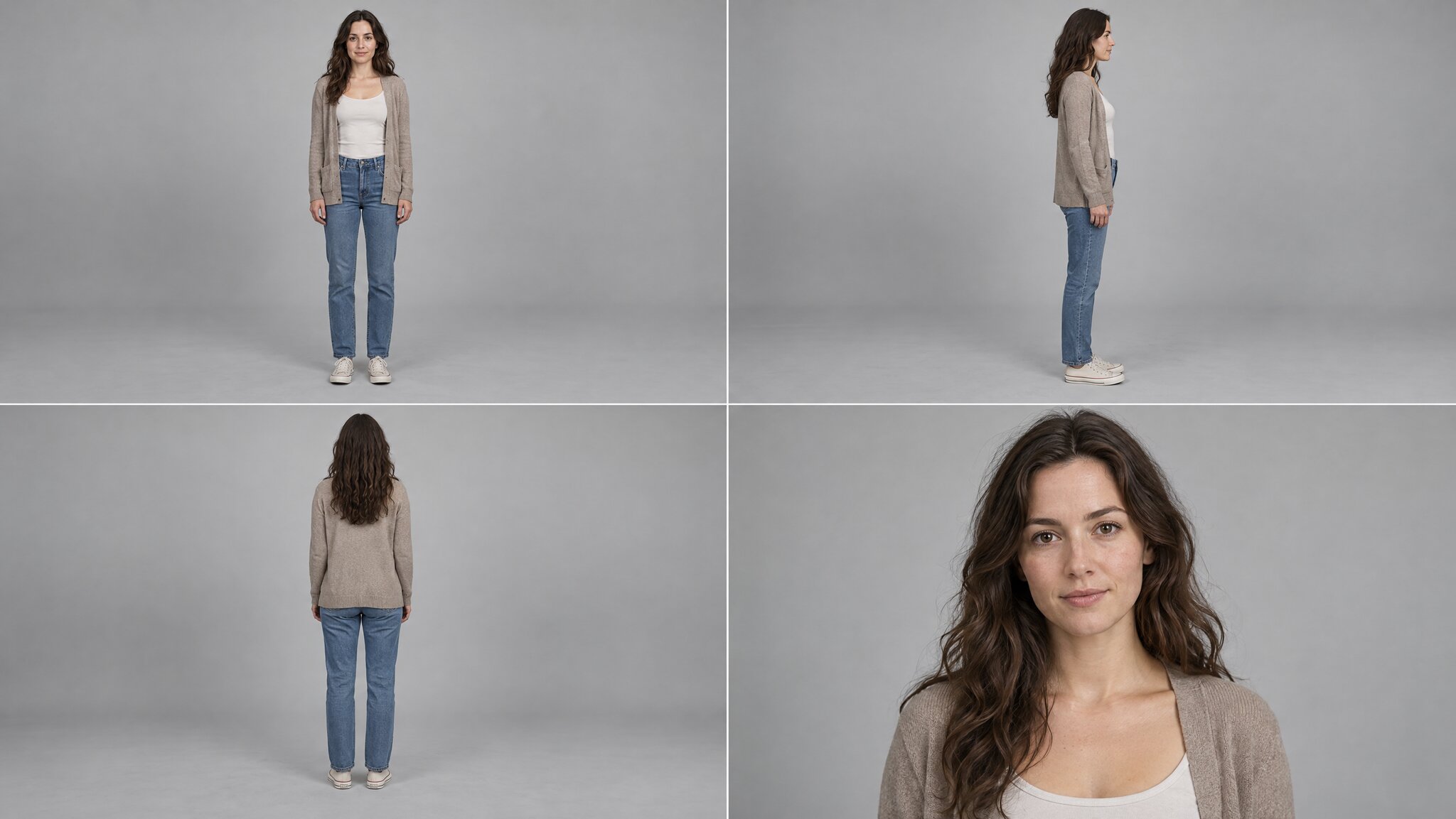 Four-view character sheet of Lena, a woman with long wavy dark brown hair, wearing a taupe cardigan over a cream tank top and blue jeans